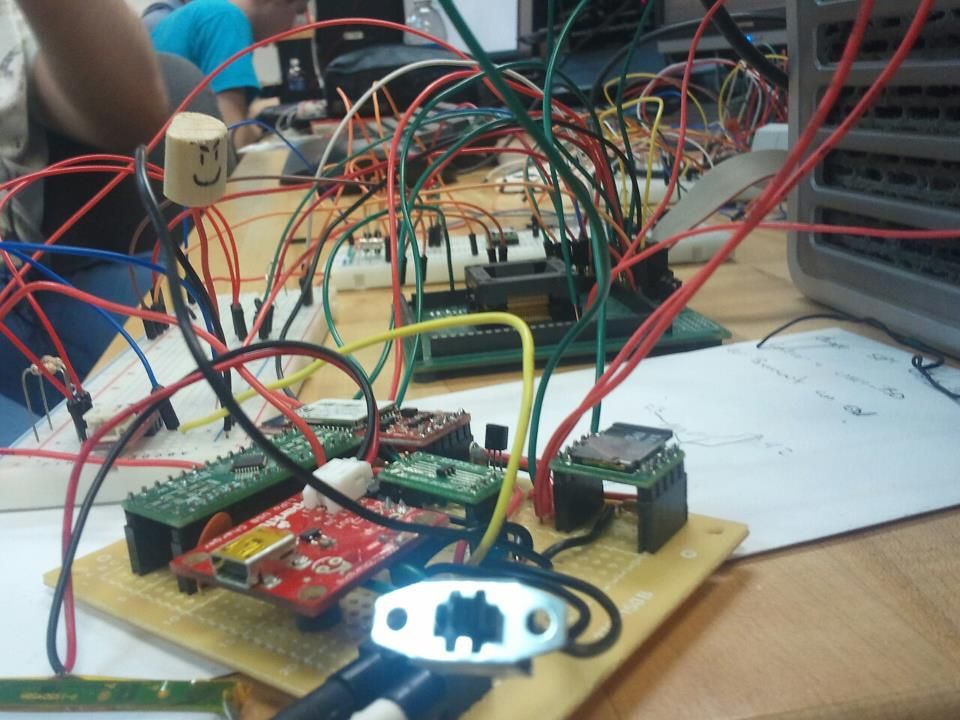 Unit in the process of integration and wiring for testing. One board hosted all components and another hosted the processor.